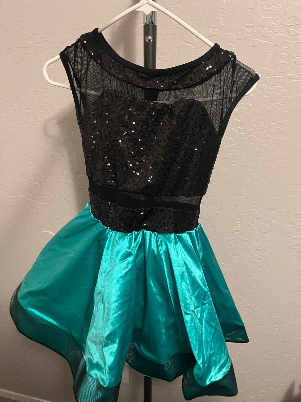 Weissman Black Sequin Bodice with Teal Satin Skirt Dance Dress